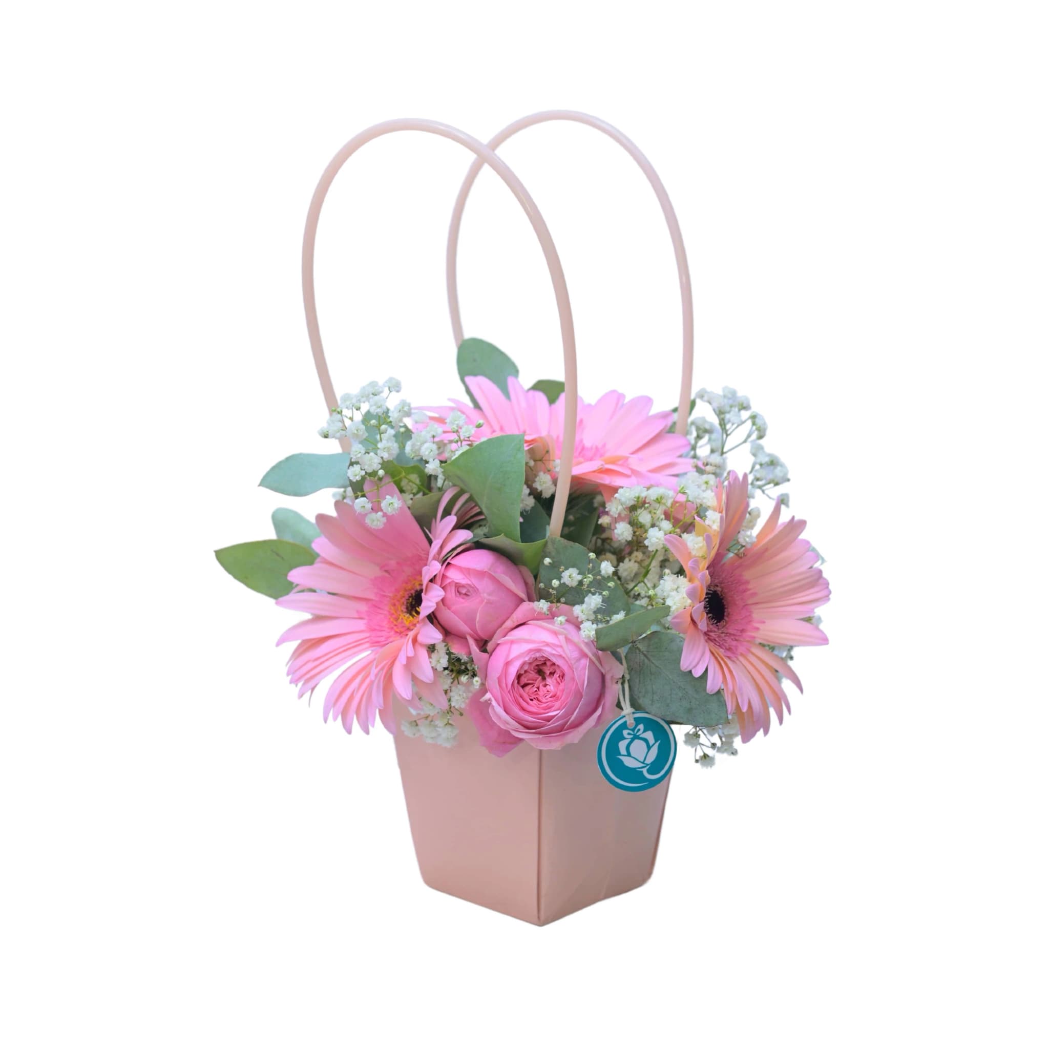 Pink Pocket — мини-композиция в сумочке с герберами и пионовидными розами