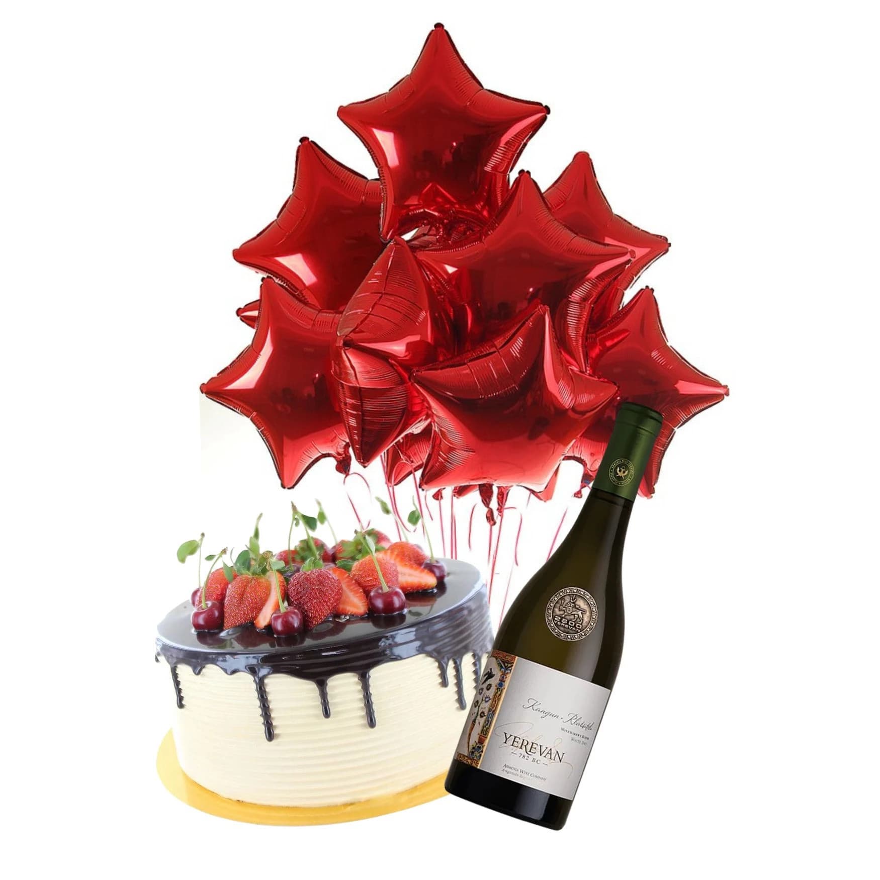 Նվերների հավաքածու BIRTHDAY STAR կարմիր աստղի փուչիկներով, գինիով և տորթով